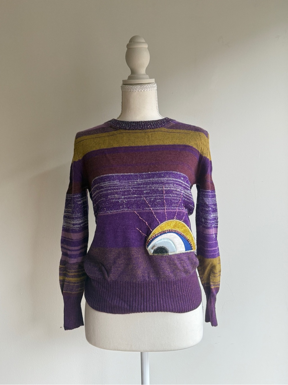 Marc Jacobs Purple and Olive Striped Crewneck Sweater with Sunburst Applique